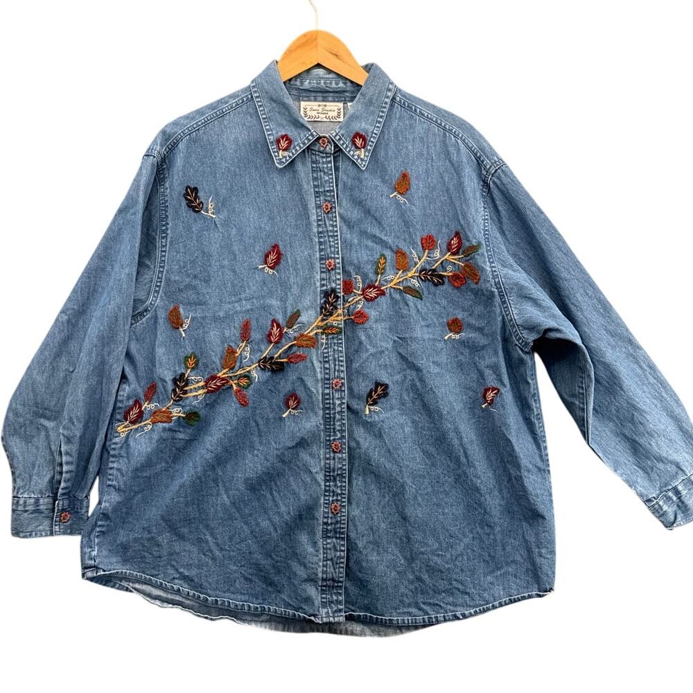 Sara Studio Vintage Fall Leaves Embroidered Long Sleeve Denim Shirt Women 2XL
